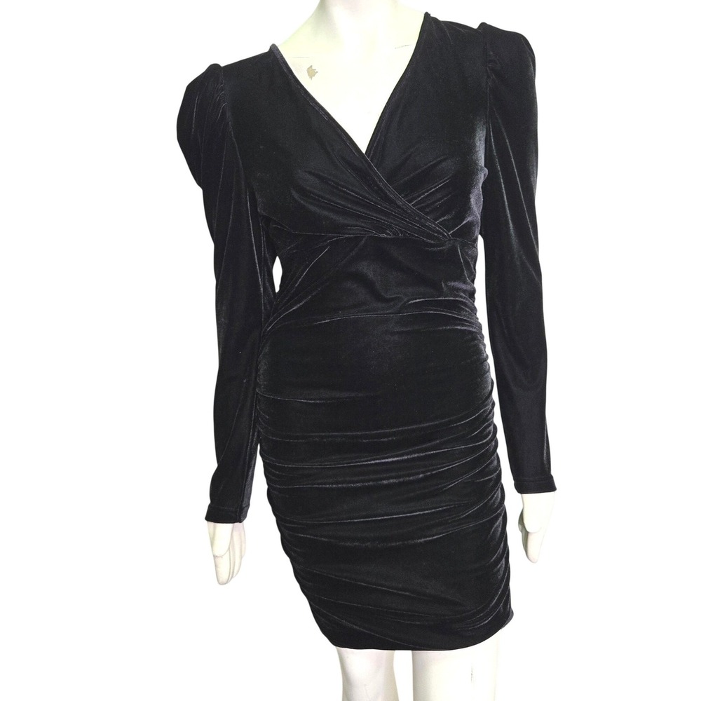 Velvet Goth Glam Evening Bodycon Dress Ruched V-Neck Puff Sleeve L Black Mini